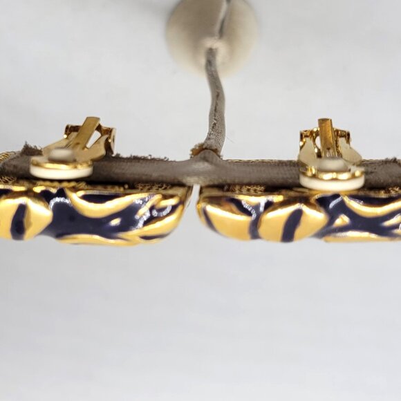Vintage Signed Escada Square Goldtone & Blue Enamel Clip Earrings - Picture 9 of 11